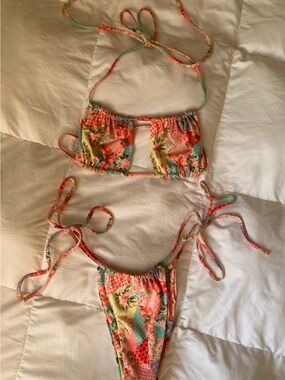 Floral Patchwork Tie Bikini Set - Coral, Mint & Yellow